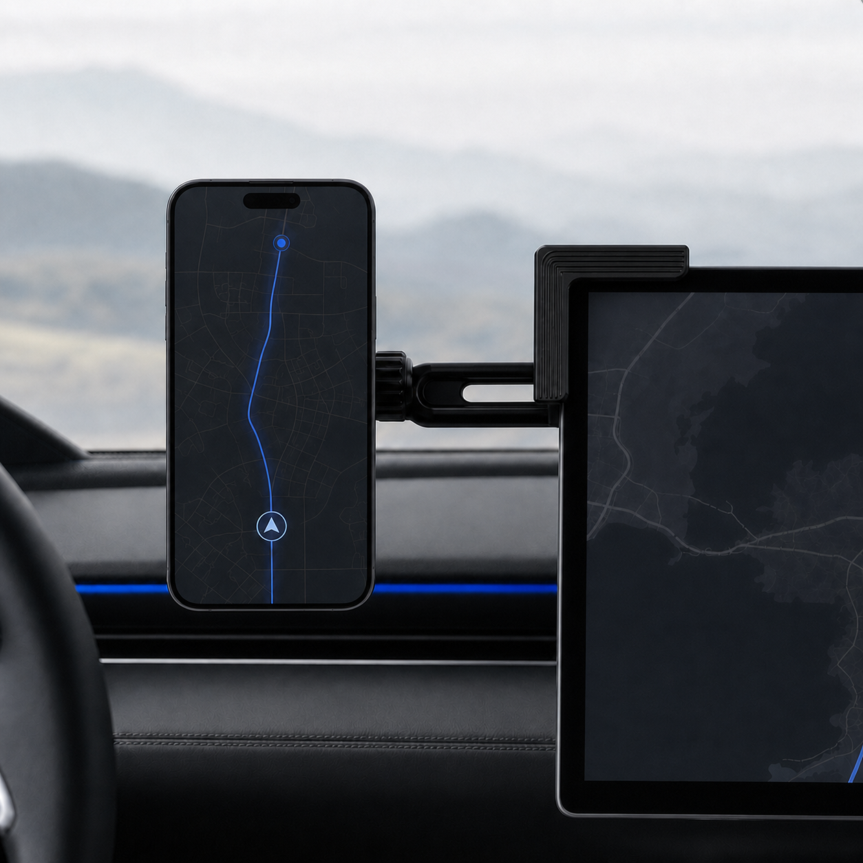 Black plastic MagView phone mount installed at the top-left corner of a Tesla center display