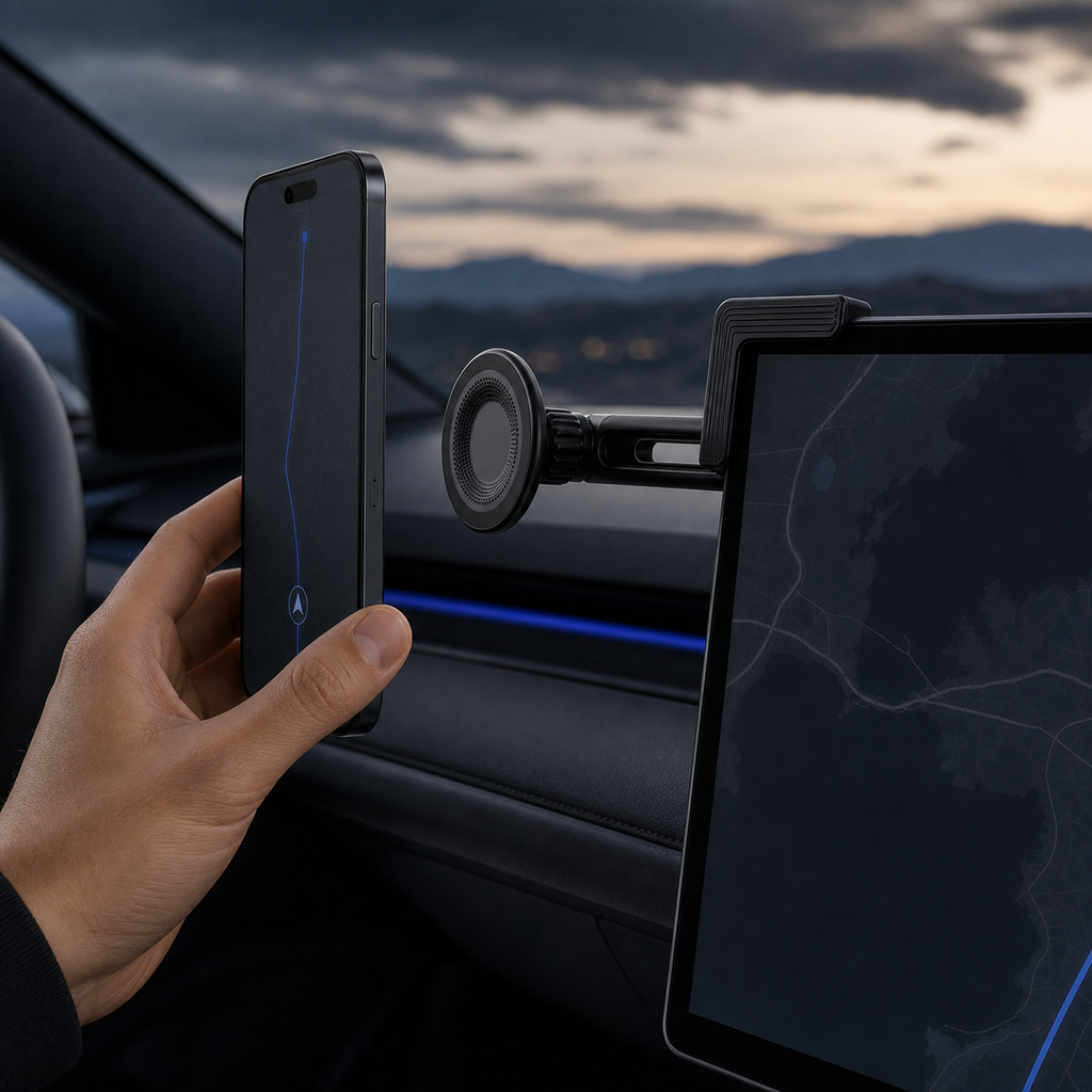 One hand bringing a phone toward the MagView magnetic pad beside a center display