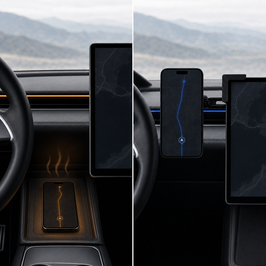 Warm phone on a charging pad compared with MagView mounted beside the center display