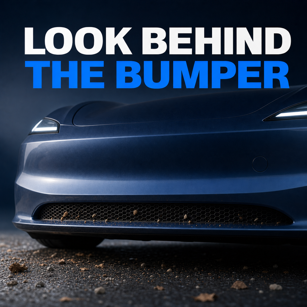 Honeycomb intake screen fitted inside the narrow lower opening of a grilleless Tesla-style front bumper