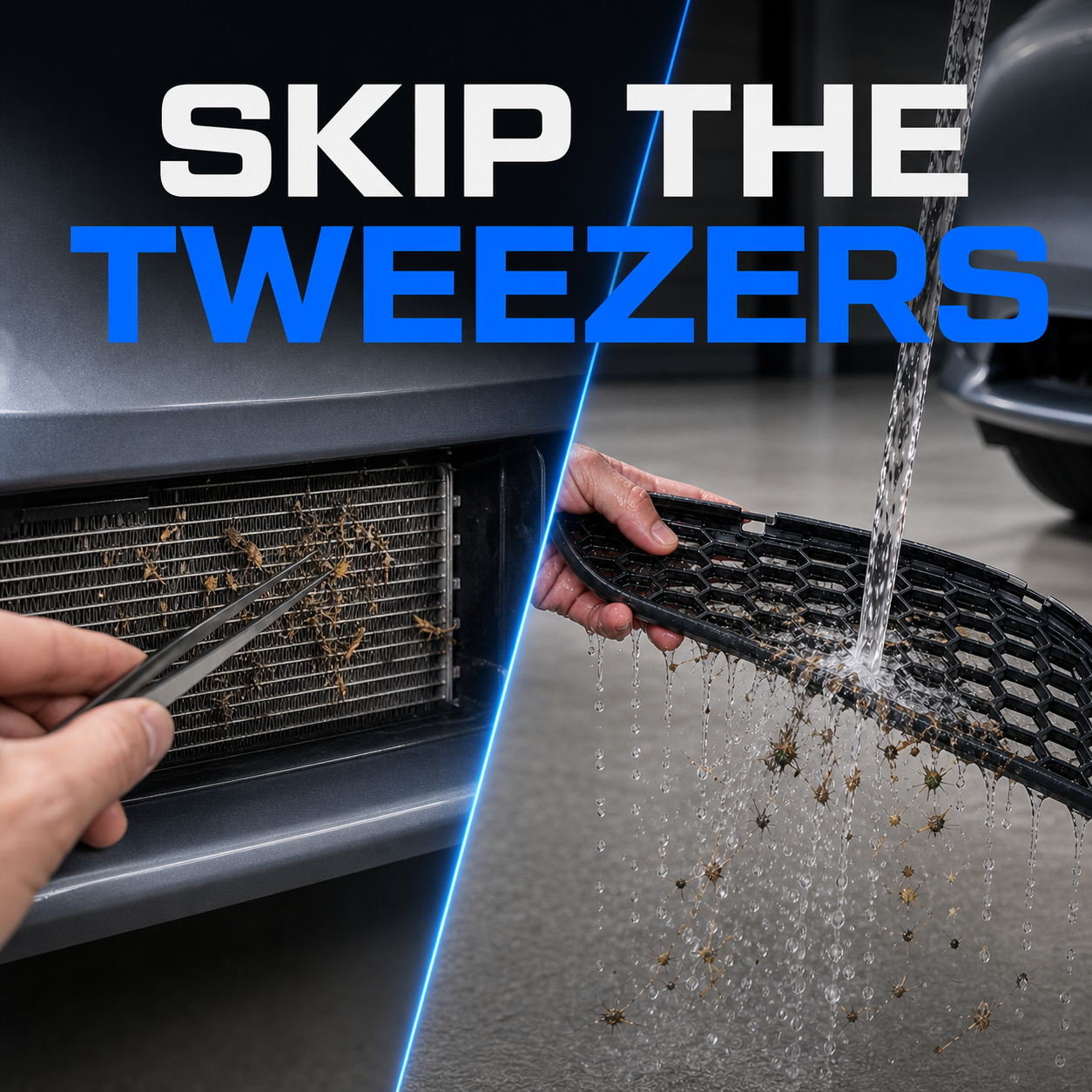 Tweezers near hard-to-reach cooling fins compared with a removable screen being rinsed