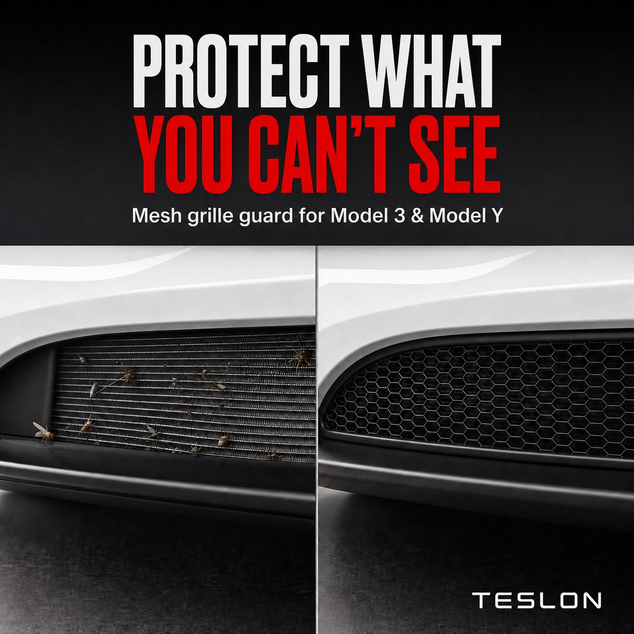 Split view showing road debris at an exposed lower cooling intake and a clean intake behind a honeycomb guard